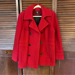 Calvin Klein Women's Red Wool Blend Double Breasted Peacoat